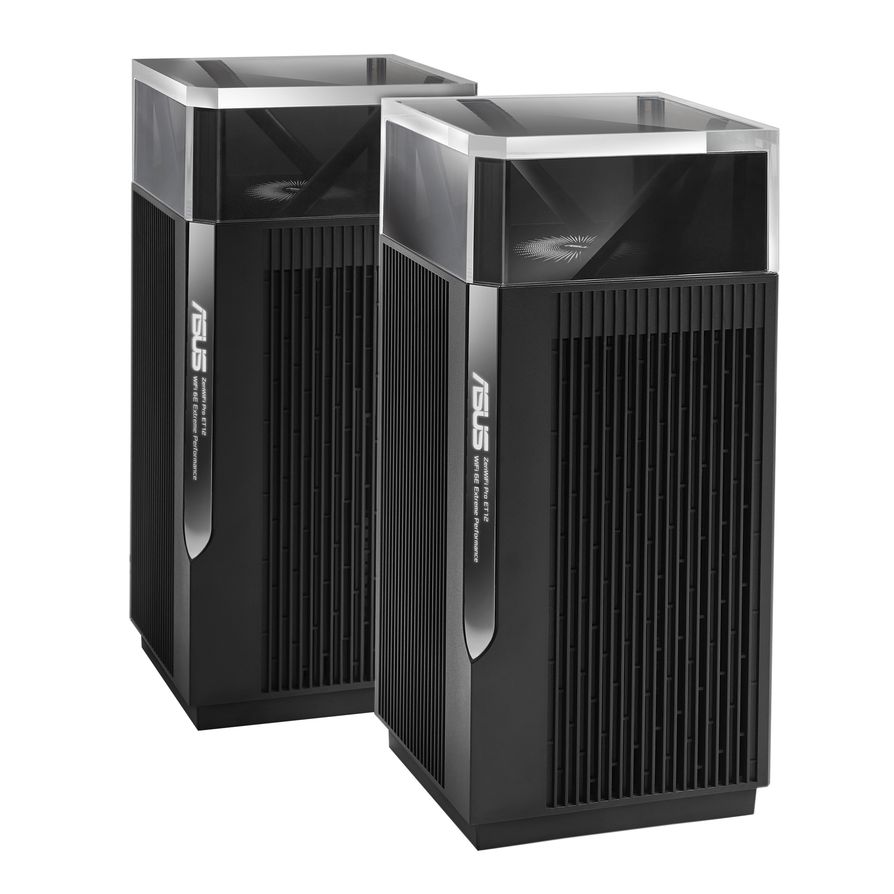 ASUS ZenWiFi Pro ET12，採用12道串流設計，適用新開放的WiFi 6E頻段，連線速度高達11,000 Mbps，為目前市面上最快的Mesh無線路由器。